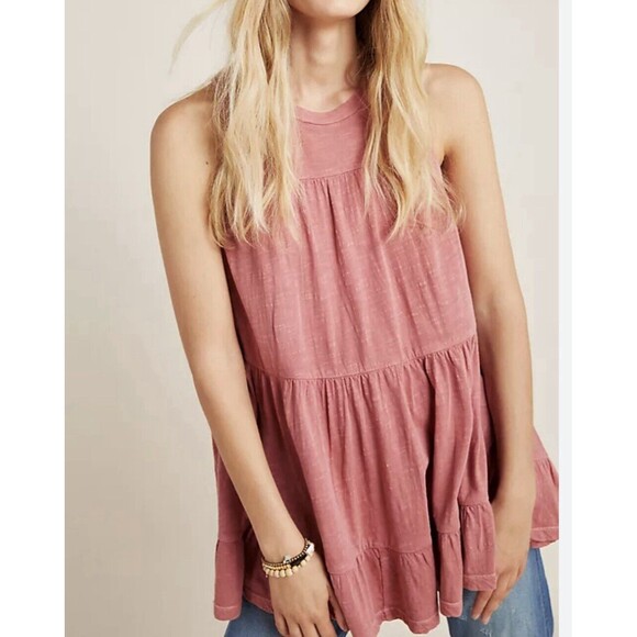By Anthropologie Size S Georgia Tiered Babydoll Tunic Top Pink Mauve Boho Beach - Picture 1 of 12